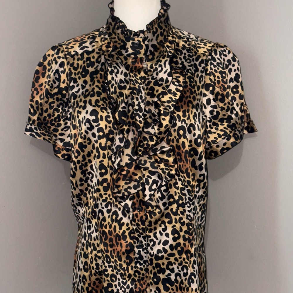 Womens Leopard button up top puff sleeve chic ruffle neckline#Y2K size Medium